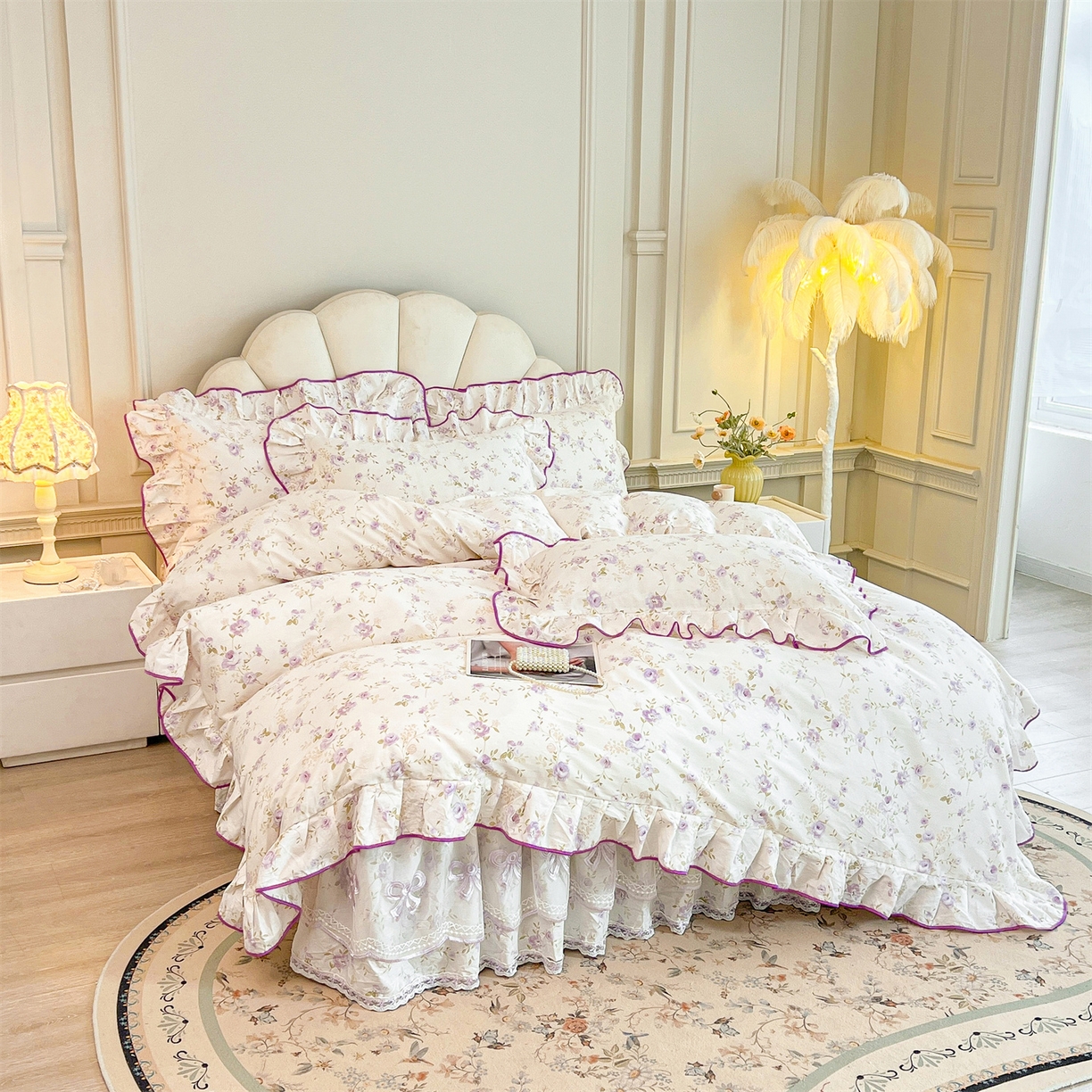 91家纺网 家纺一手货源 找家纺 宜凡家纺 2026新款全棉公主风单层床裙三件套 海棠之恋