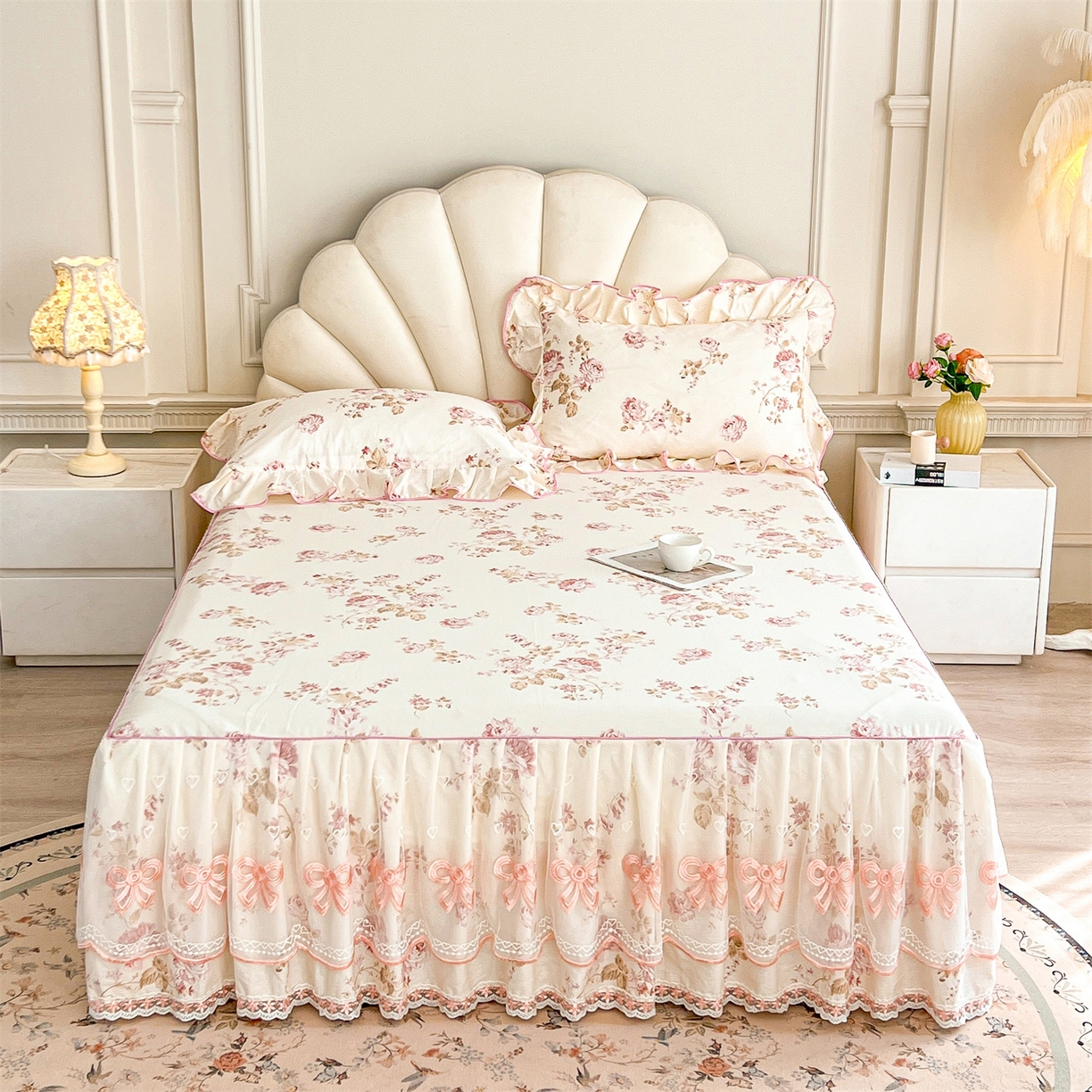 91家纺网 家纺一手货源 找家纺 宜凡家纺 2026新款全棉公主风单层床裙三件套 水苏栀清