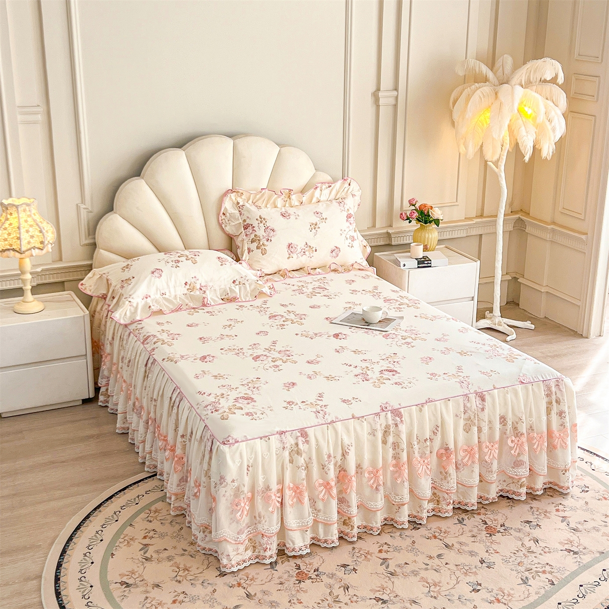 91家纺网 家纺一手货源 找家纺 宜凡家纺 2026新款全棉公主风单层床裙三件套 水苏栀清