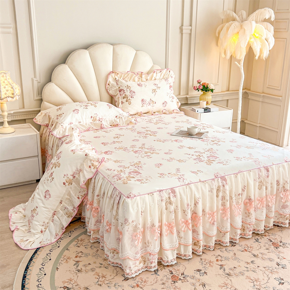 91家纺网 家纺一手货源 找家纺 宜凡家纺 2026新款全棉公主风单层床裙三件套 水苏栀清