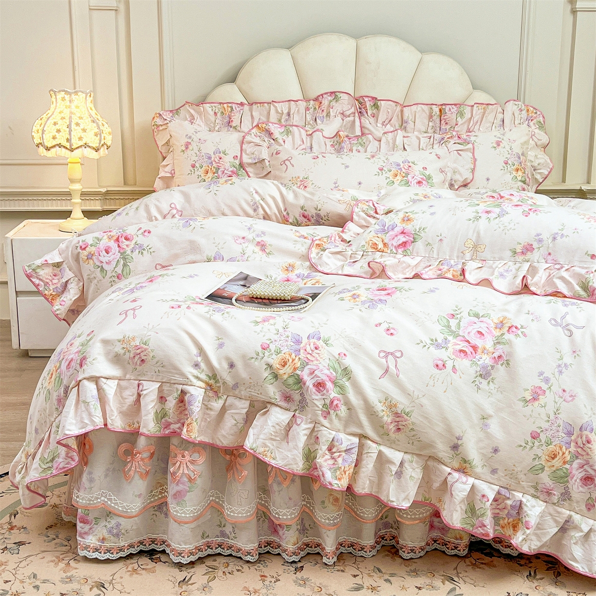 91家纺网 家纺一手货源 找家纺 宜凡家纺 2026新款全棉公主风单层床裙三件套 玉容昭婉