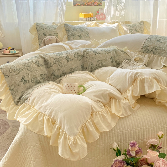 91家纺网 家纺一手货源 找家纺 （总）蝶帕家纺 2026新款水洗棉剪花流苏夹棉床盖款四件套-古韵蝶恋