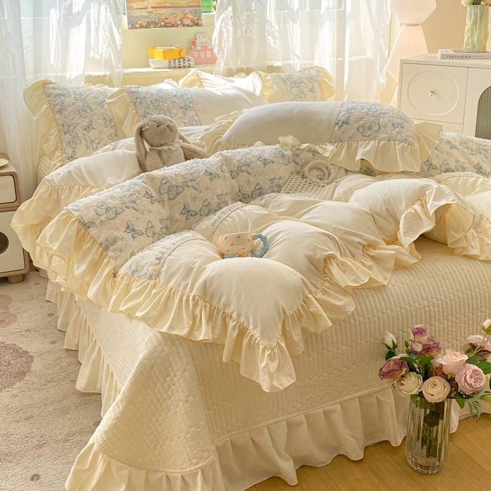 91家纺网 家纺一手货源 找家纺 蝶帕家纺 2026新款水洗棉剪花流苏夹棉床盖款四件套-古韵蝶恋 古韵蝶恋-兰