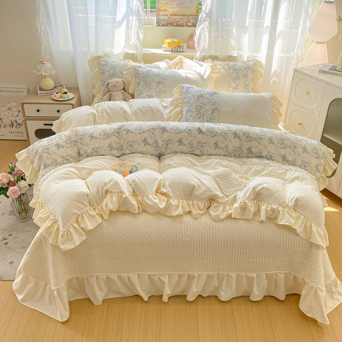 91家纺网 家纺一手货源 找家纺 蝶帕家纺 2026新款水洗棉剪花流苏夹棉床盖款四件套-古韵蝶恋 古韵蝶恋-兰