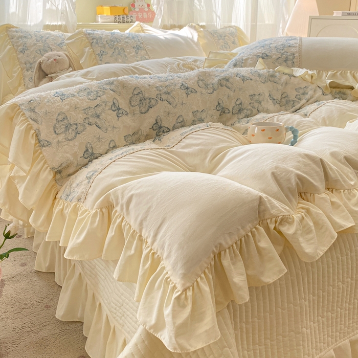 91家纺网 家纺一手货源 找家纺 蝶帕家纺 2026新款水洗棉剪花流苏夹棉床盖款四件套-古韵蝶恋 古韵蝶恋-兰