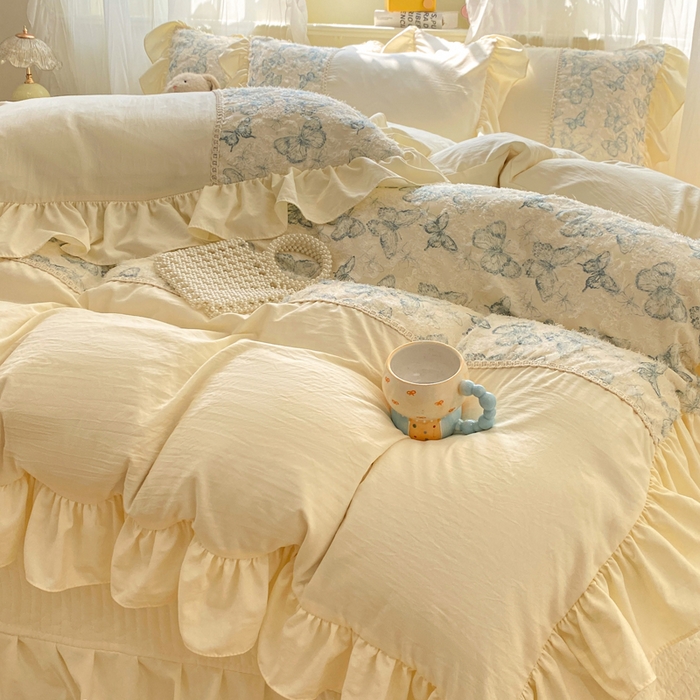 91家纺网 家纺一手货源 找家纺 蝶帕家纺 2026新款水洗棉剪花流苏夹棉床盖款四件套-古韵蝶恋 古韵蝶恋-兰