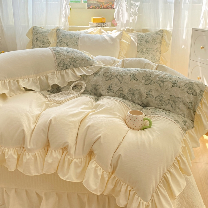 91家纺网 家纺一手货源 找家纺 蝶帕家纺 2026新款水洗棉剪花流苏夹棉床盖款四件套-古韵蝶恋 古韵蝶恋-绿