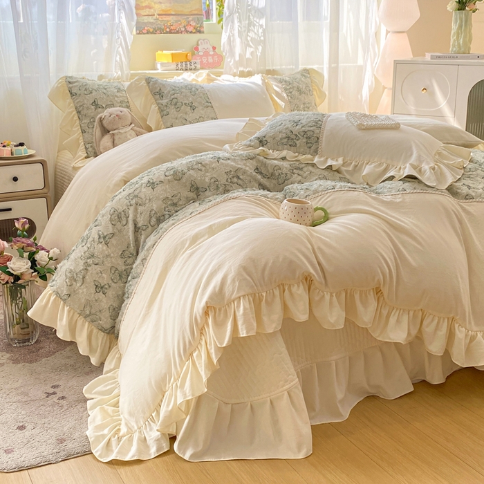 91家纺网 家纺一手货源 找家纺 蝶帕家纺 2026新款水洗棉剪花流苏夹棉床盖款四件套-古韵蝶恋 古韵蝶恋-绿