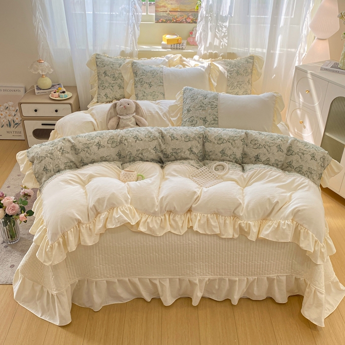 91家纺网 家纺一手货源 找家纺 蝶帕家纺 2026新款水洗棉剪花流苏夹棉床盖款四件套-古韵蝶恋 古韵蝶恋-绿