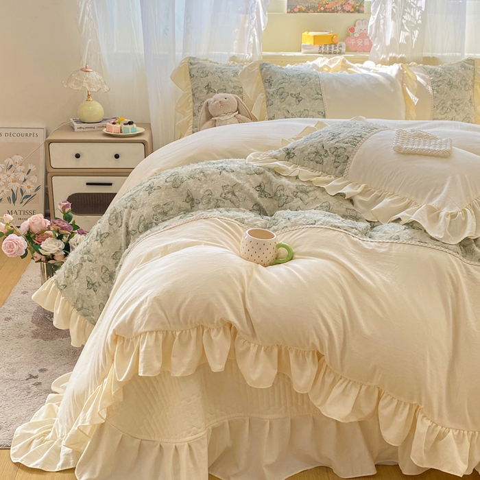 91家纺网 家纺一手货源 找家纺 蝶帕家纺 2026新款水洗棉剪花流苏夹棉床盖款四件套-古韵蝶恋 古韵蝶恋-绿