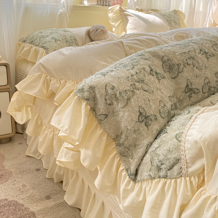 91家纺网 家纺一手货源 找家纺 蝶帕家纺 2026新款水洗棉剪花流苏夹棉床盖款四件套-古韵蝶恋 古韵蝶恋-绿