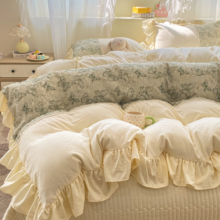 91家纺网 家纺一手货源 找家纺 蝶帕家纺 2026新款水洗棉剪花流苏夹棉床盖款四件套-古韵蝶恋 古韵蝶恋-绿