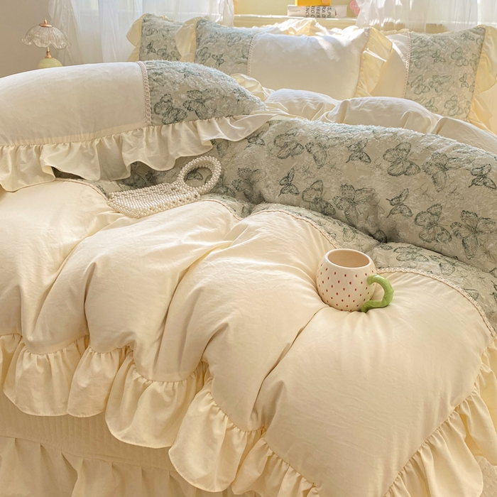 91家纺网 家纺一手货源 找家纺 蝶帕家纺 2026新款水洗棉剪花流苏夹棉床盖款四件套-古韵蝶恋 古韵蝶恋-绿