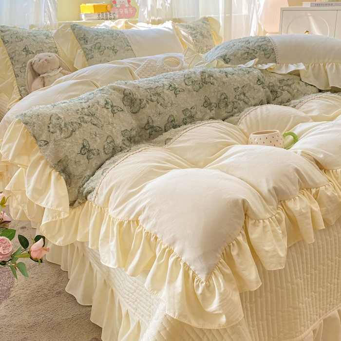 91家纺网 家纺一手货源 找家纺 蝶帕家纺 2026新款水洗棉剪花流苏夹棉床盖款四件套-古韵蝶恋 古韵蝶恋-绿