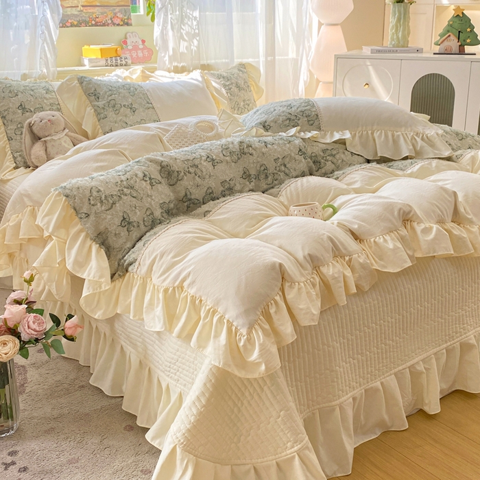 91家纺网 家纺一手货源 找家纺 蝶帕家纺 2026新款水洗棉剪花流苏夹棉床盖款四件套-古韵蝶恋 古韵蝶恋-绿