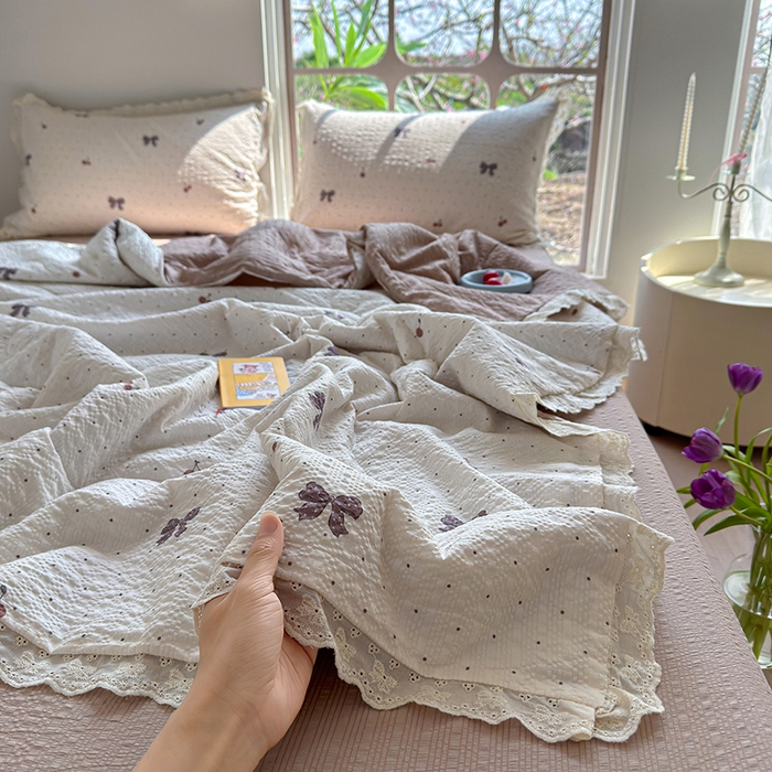 竹合家纺 2026新品泡芙纱夏被四件套全棉镂空花边泡泡皱皱纱夏凉被 樱桃结美