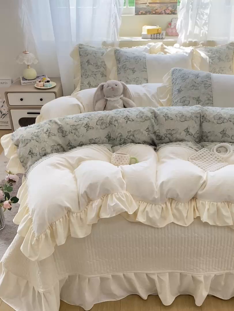 91家纺网 家纺一手货源 找家纺 蝶帕家纺 2026新款水洗棉剪花流苏夹棉床盖款四件套-古韵蝶恋 古韵蝶恋-绿