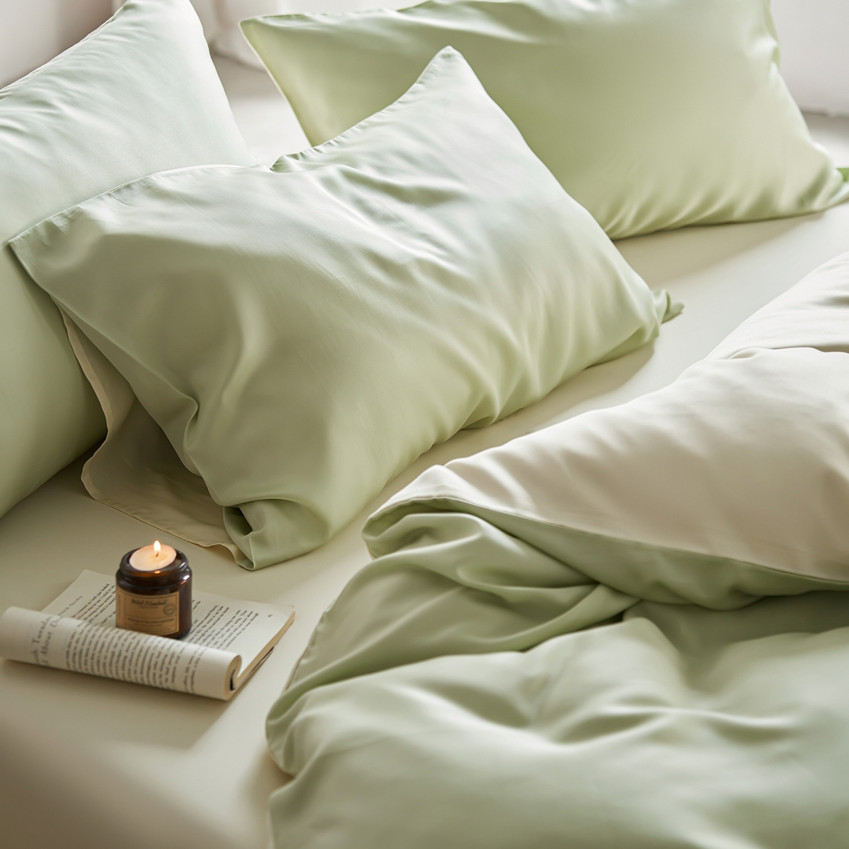 91家纺网 家纺一手货源 找家纺 轩和家居 2026新款60支奥地利兰精天丝四件套 若草色+伊丽莎白