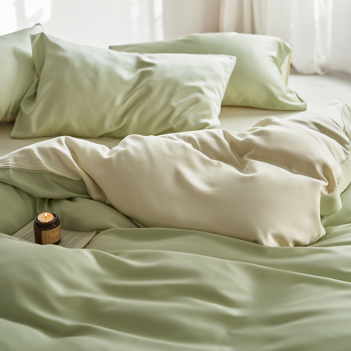 91家纺网 家纺一手货源 找家纺 轩和家居 2026新款60支奥地利兰精天丝四件套 若草色+伊丽莎白