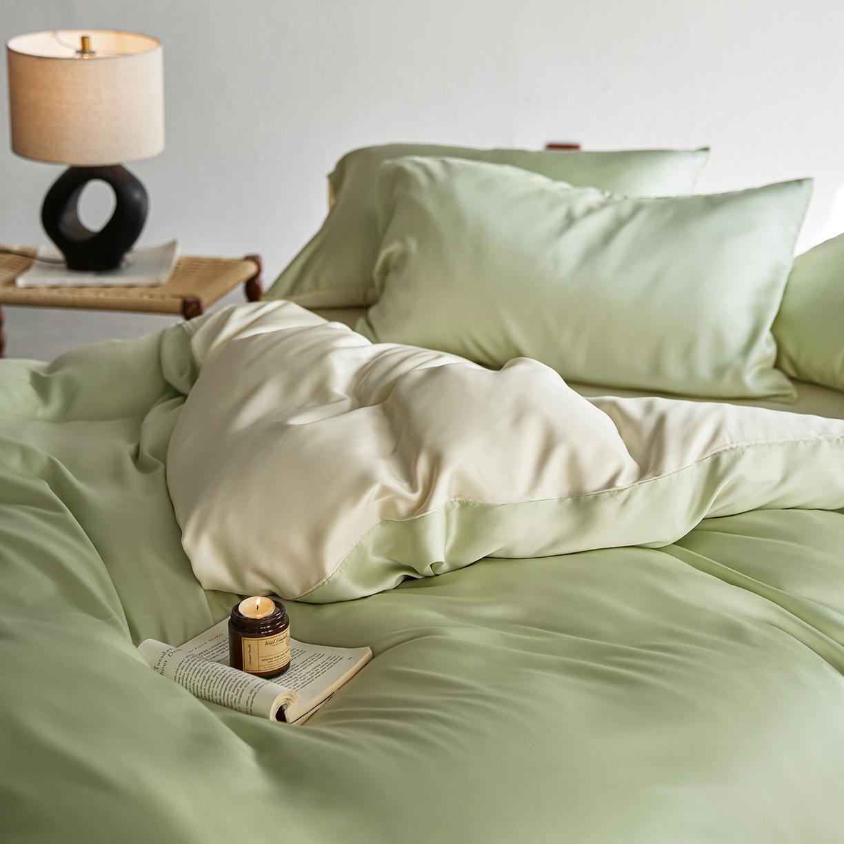 91家纺网 家纺一手货源 找家纺 轩和家居 2026新款60支奥地利兰精天丝四件套 若草色+伊丽莎白