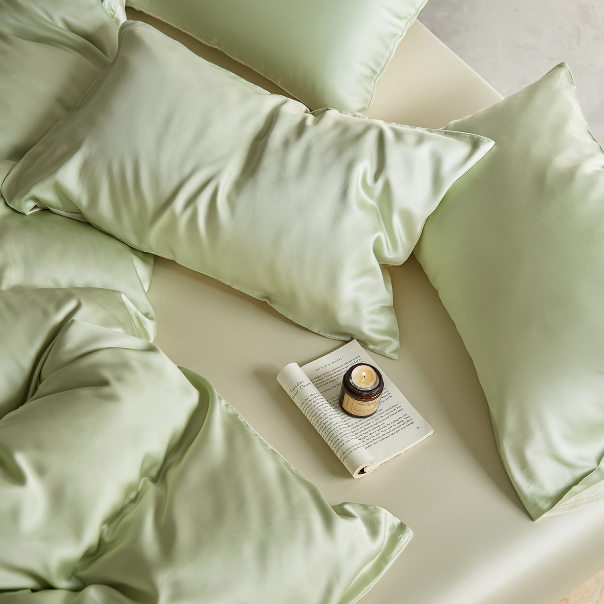 91家纺网 家纺一手货源 找家纺 轩和家居 2026新款60支奥地利兰精天丝四件套 若草色+伊丽莎白