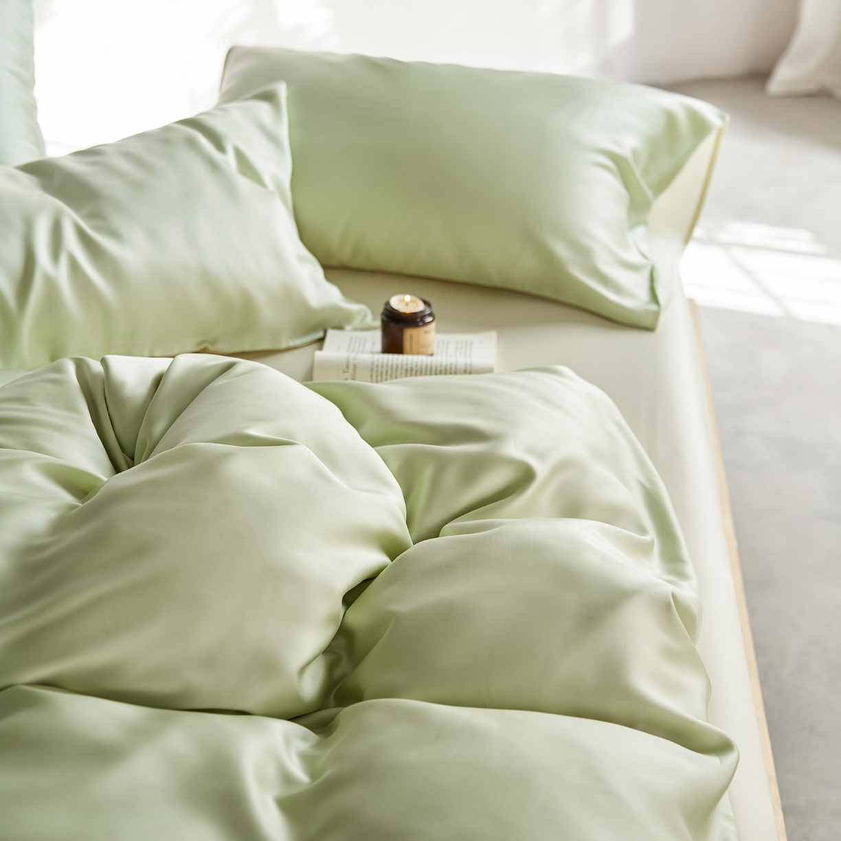 91家纺网 家纺一手货源 找家纺 轩和家居 2026新款60支奥地利兰精天丝四件套 若草色+伊丽莎白