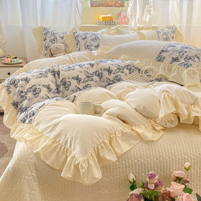 蝶帕家纺 2026新款水洗棉剪花流苏夹棉床盖款四件套-古韵蝶恋 古韵蝶恋-墨