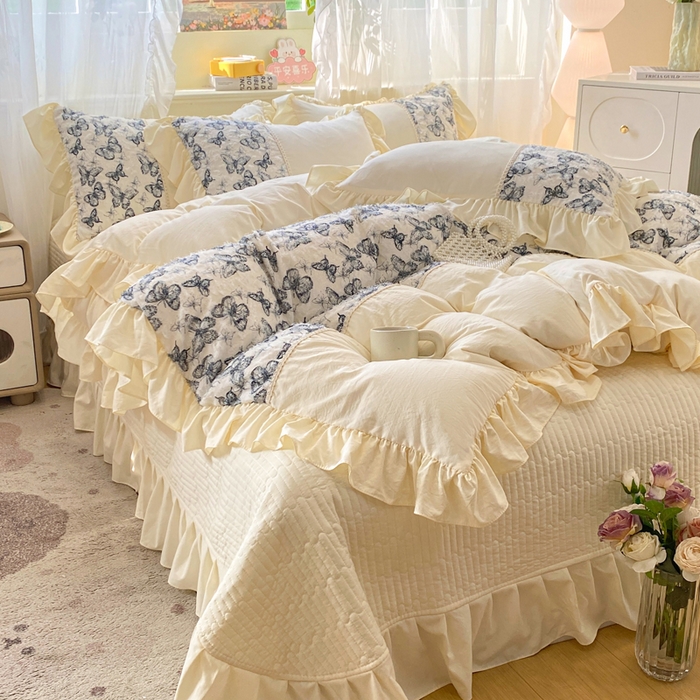 91家纺网 家纺一手货源 找家纺 蝶帕家纺 2026新款水洗棉剪花流苏夹棉床盖款四件套-古韵蝶恋 古韵蝶恋-墨