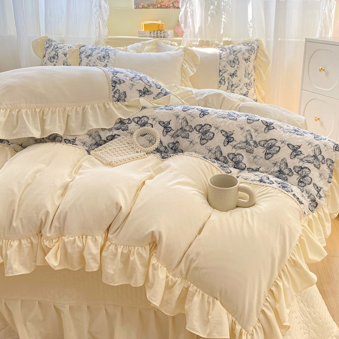 91家纺网 家纺一手货源 找家纺 蝶帕家纺 2026新款水洗棉剪花流苏夹棉床盖款四件套-古韵蝶恋 古韵蝶恋-墨