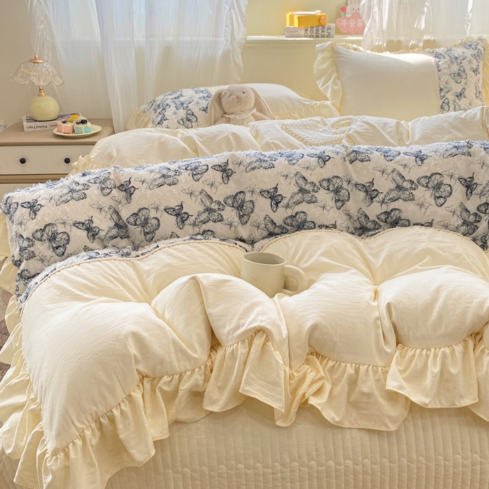 91家纺网 家纺一手货源 找家纺 蝶帕家纺 2026新款水洗棉剪花流苏夹棉床盖款四件套-古韵蝶恋 古韵蝶恋-墨