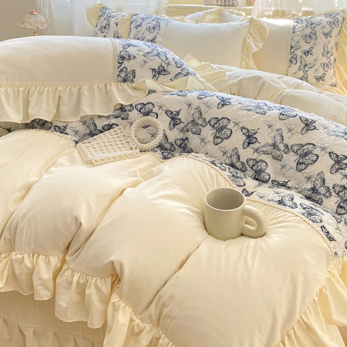 91家纺网 家纺一手货源 找家纺 蝶帕家纺 2026新款水洗棉剪花流苏夹棉床盖款四件套-古韵蝶恋 古韵蝶恋-墨