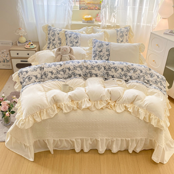 91家纺网 家纺一手货源 找家纺 蝶帕家纺 2026新款水洗棉剪花流苏夹棉床盖款四件套-古韵蝶恋 古韵蝶恋-墨