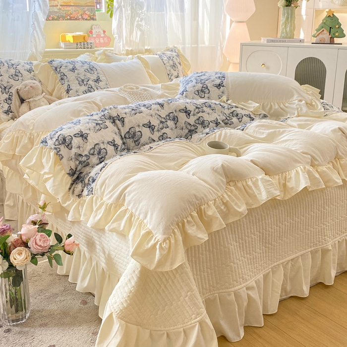 91家纺网 家纺一手货源 找家纺 蝶帕家纺 2026新款水洗棉剪花流苏夹棉床盖款四件套-古韵蝶恋 古韵蝶恋-墨