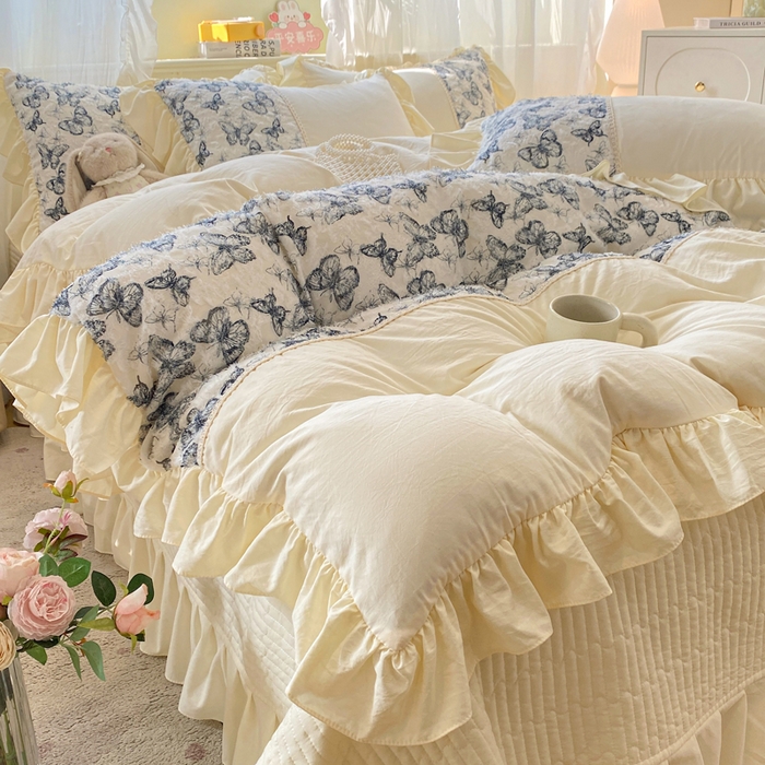 91家纺网 家纺一手货源 找家纺 蝶帕家纺 2026新款水洗棉剪花流苏夹棉床盖款四件套-古韵蝶恋 古韵蝶恋-墨