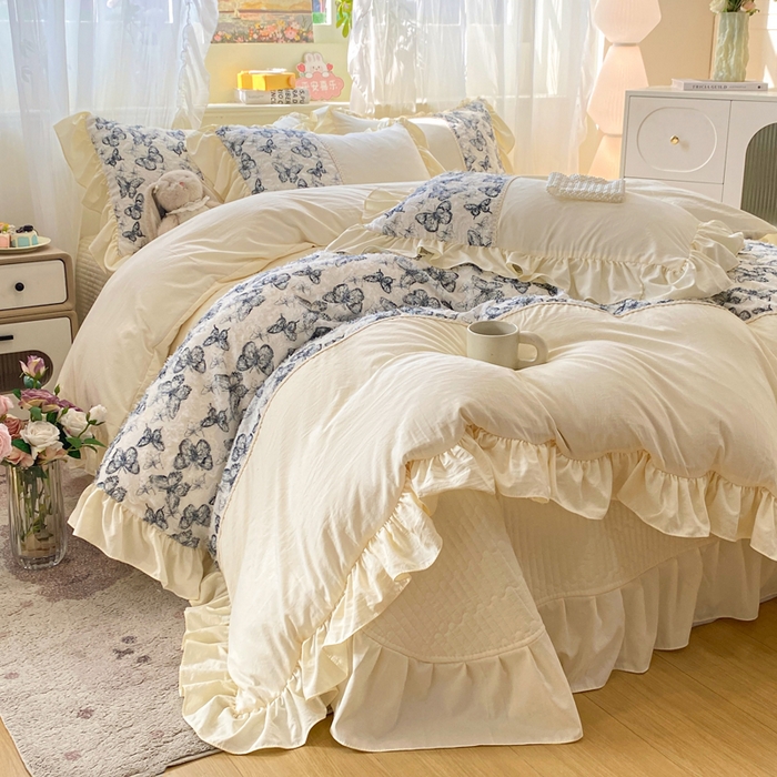 91家纺网 家纺一手货源 找家纺 蝶帕家纺 2026新款水洗棉剪花流苏夹棉床盖款四件套-古韵蝶恋 古韵蝶恋-墨