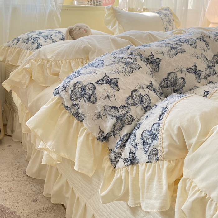 91家纺网 家纺一手货源 找家纺 蝶帕家纺 2026新款水洗棉剪花流苏夹棉床盖款四件套-古韵蝶恋 古韵蝶恋-墨