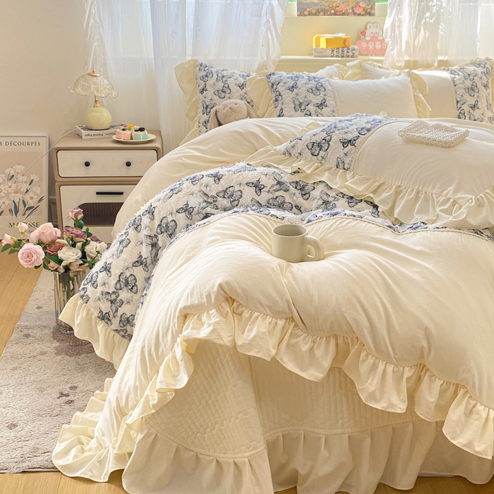 91家纺网 家纺一手货源 找家纺 蝶帕家纺 2026新款水洗棉剪花流苏夹棉床盖款四件套-古韵蝶恋 古韵蝶恋-墨