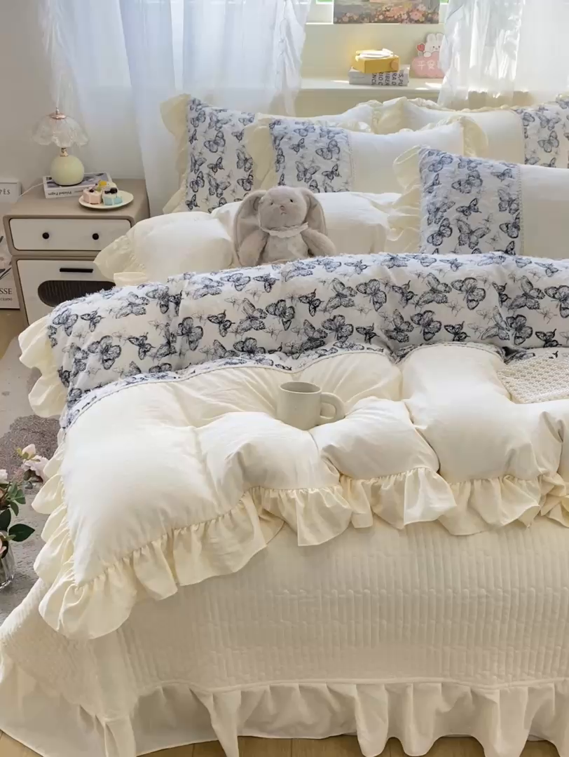 91家纺网 家纺一手货源 找家纺 蝶帕家纺 2026新款水洗棉剪花流苏夹棉床盖款四件套-古韵蝶恋 古韵蝶恋-墨