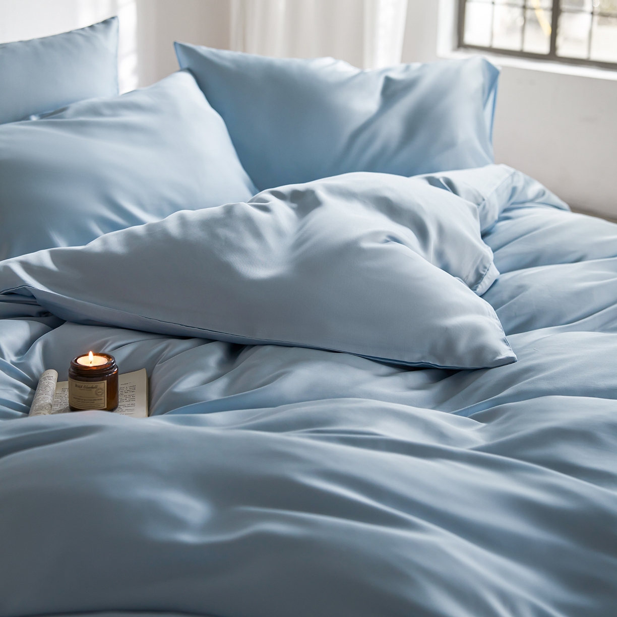 91家纺网 家纺一手货源 找家纺 轩和家居 2026新款60支奥地利兰精天丝四件套 夏日蓝