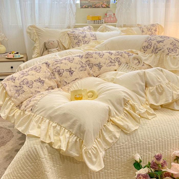 蝶帕家纺 2026新款水洗棉剪花流苏夹棉床盖款四件套-古韵蝶恋 古韵蝶恋-紫