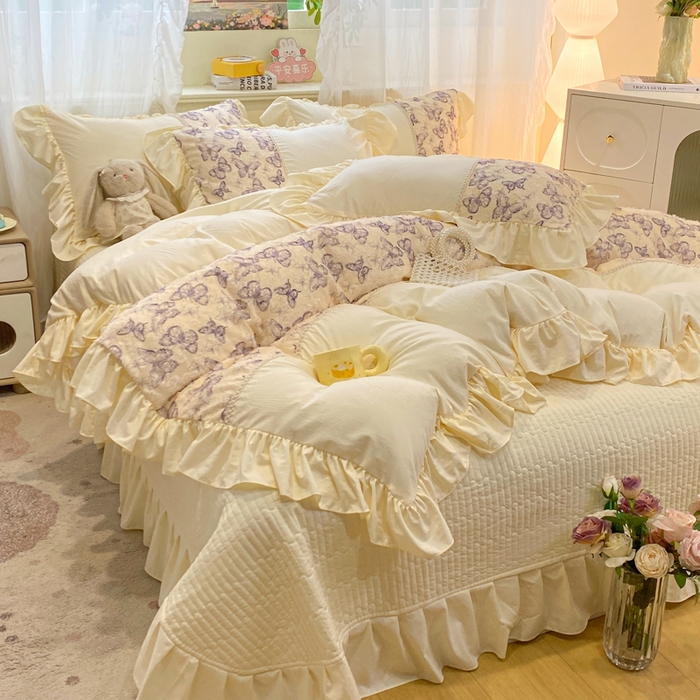 91家纺网 家纺一手货源 找家纺 蝶帕家纺 2026新款水洗棉剪花流苏夹棉床盖款四件套-古韵蝶恋 古韵蝶恋-紫