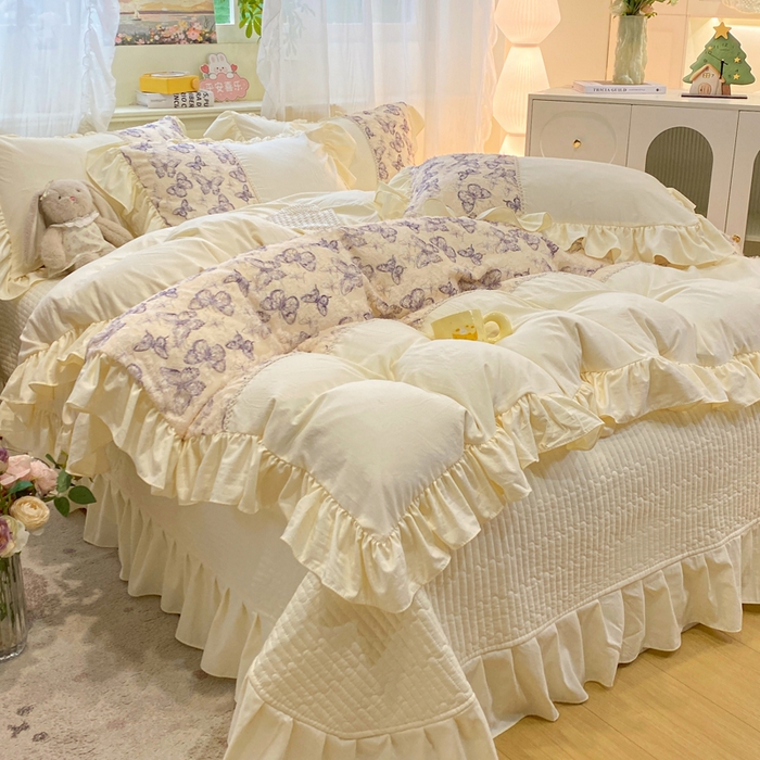 91家纺网 家纺一手货源 找家纺 蝶帕家纺 2026新款水洗棉剪花流苏夹棉床盖款四件套-古韵蝶恋 古韵蝶恋-紫