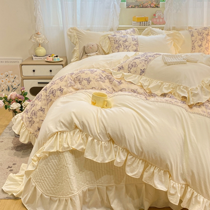 91家纺网 家纺一手货源 找家纺 蝶帕家纺 2026新款水洗棉剪花流苏夹棉床盖款四件套-古韵蝶恋 古韵蝶恋-紫