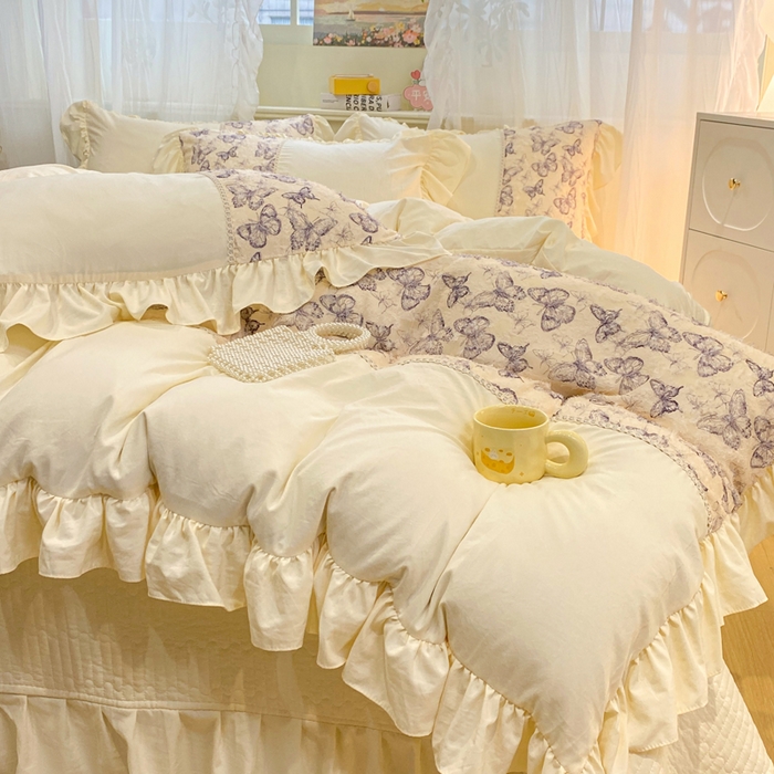91家纺网 家纺一手货源 找家纺 蝶帕家纺 2026新款水洗棉剪花流苏夹棉床盖款四件套-古韵蝶恋 古韵蝶恋-紫