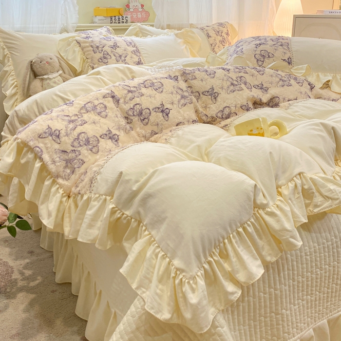91家纺网 家纺一手货源 找家纺 蝶帕家纺 2026新款水洗棉剪花流苏夹棉床盖款四件套-古韵蝶恋 古韵蝶恋-紫