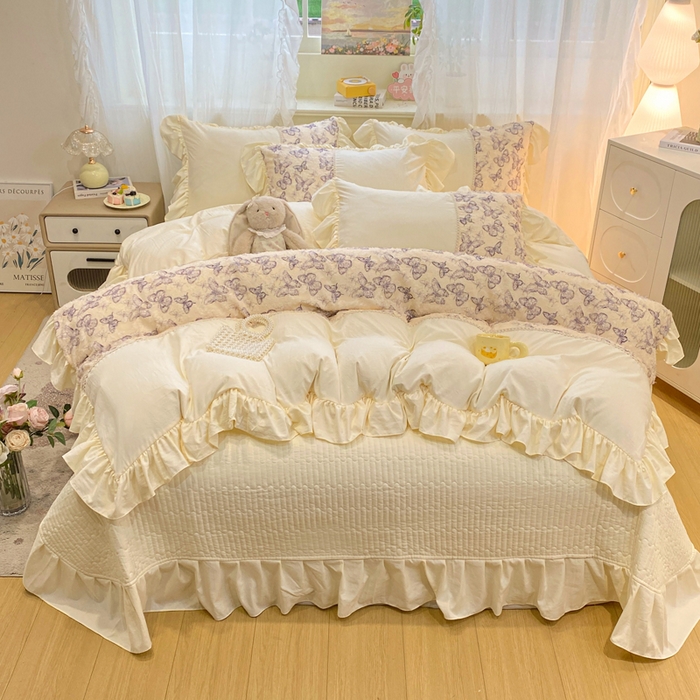 91家纺网 家纺一手货源 找家纺 蝶帕家纺 2026新款水洗棉剪花流苏夹棉床盖款四件套-古韵蝶恋 古韵蝶恋-紫