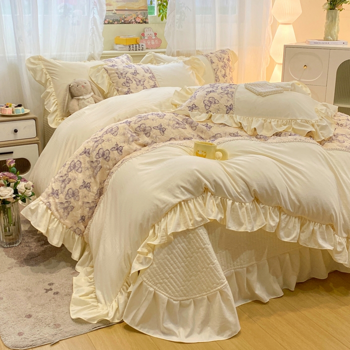 91家纺网 家纺一手货源 找家纺 蝶帕家纺 2026新款水洗棉剪花流苏夹棉床盖款四件套-古韵蝶恋 古韵蝶恋-紫