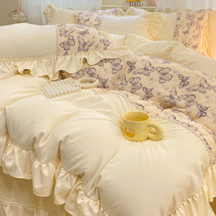91家纺网 家纺一手货源 找家纺 蝶帕家纺 2026新款水洗棉剪花流苏夹棉床盖款四件套-古韵蝶恋 古韵蝶恋-紫