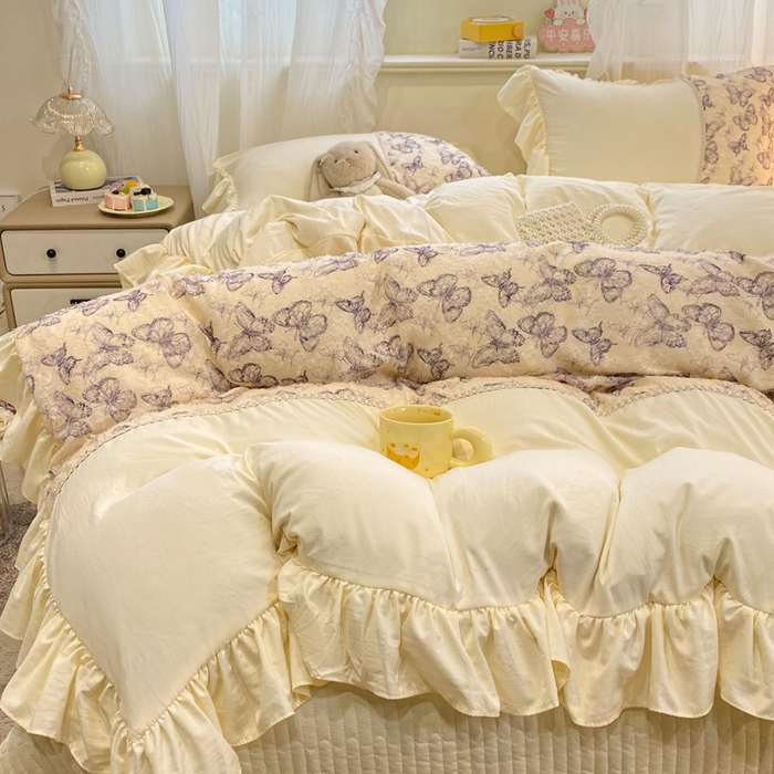 91家纺网 家纺一手货源 找家纺 蝶帕家纺 2026新款水洗棉剪花流苏夹棉床盖款四件套-古韵蝶恋 古韵蝶恋-紫