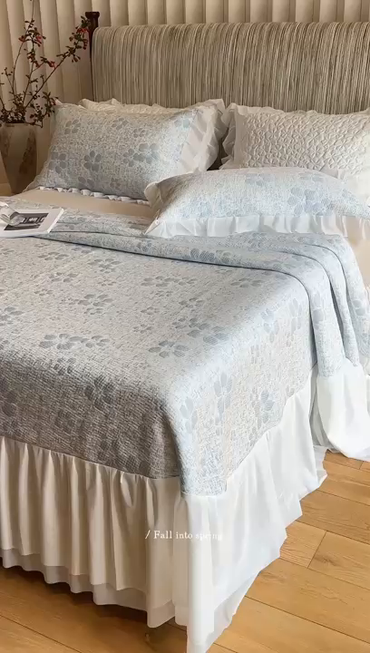 91家纺网 家纺一手货源 找家纺 【仙气飘飘】傲蕾AL BEDDING出口韩国高分子冰丝软凉席床裙款冰丝席雪纺花边乙纶凉席A类可机洗